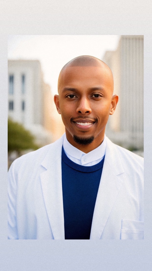 Portrait of Mohamed Addani in a white lab coat